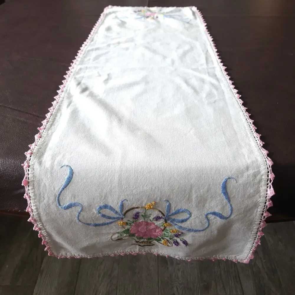 Vtg Table Runner Pink Floral Basket Cotton Embroidery MCM Valentine Shabby 13x41